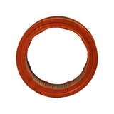 Top-down view of filter showing inner bore, orange upper end cap with scalloped inner edge, moulded text visible at bottom of inner ring — partially reads 'XFRM-CA160'. Mesh screen visible over pleated media.