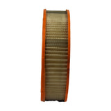 Profile/side elevation showing full element height between two orange plastisol end caps; pleated paper media and outer wire mesh visible across the full circumference.