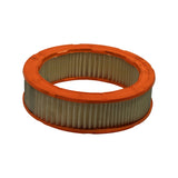 Three-quarter view from below and side, showing lower orange end cap, open inner bore, and full height of pleated media element — element appears clean and unused.