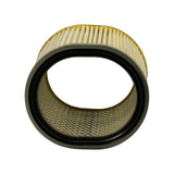 View looking down into open bottom of filter. White mesh inner liner and yellow plastic support grid clearly visible inside the hollow core. Top end (with rubber gasket) visible at rear, showing black rubber seal profile.