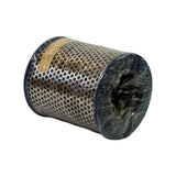 Side profile view of element on its side. Perforated steel outer casing and paper filter media visible. Small gold label visible on side of end cap. Plastic wrap loosely gathered at one end.