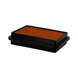 Three-quarter rear-side view of filter showing full rectangular profile and depth. Black stepped housing perimeter with clip/registration tabs at each short side. Orange pleated media visible from above. No additional markings visible on this face.