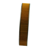 Side profile showing full depth of filter — amber pleated paper element spans the height between two grey metal end caps. Element appears clean and uncompressed.