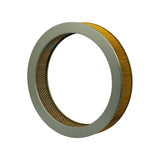 Three-quarter view from inner/mesh side — grey end caps top and bottom, inner brown diamond mesh visible; amber pleated element visible on the right perimeter.