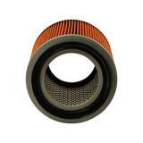 Direct top-down view into the open end of the cylindrical element showing the inner perforated metal mesh core and rubber gasket seal around the circumference of the metal end cap.