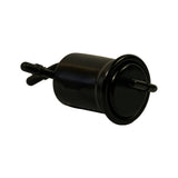 Three-quarter front-left view of bare filter showing cylindrical body, flanged end cap at right, and two elbow-style inlet barbs at left end with one straight outlet barb at right. All black painted steel.