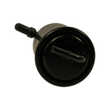 Near-overhead view of flanged end cap face-on, showing a single central outlet barb and the 'IN' directional marking moulded or stamped into the end cap rim. Inlet side barb visible at upper left.