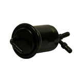 Side view of filter body showing yellow inkjet text — part number and batch code — on the cylindrical wall. Outlet barb visible at right, inlet barbs at lower left.
