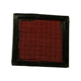 Top face of filter, overhead view showing full red pleated paper element surface inside black rubber perimeter frame. Clean, undamaged pleats.
