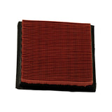 Angled top view of filter showing red pleated element and black rubber surround seal edge. No markings visible on element surface.