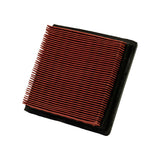 Angled view of filter underside/bottom face showing exposed red pleated element edges along one side — classic open-face panel filter design.