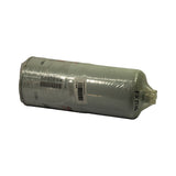 Underside/opposite dome end showing white plastic bleed/drain port fitting and shop-applied internal stock label ('FIL-00164 / Fleetguard FS1216') alongside original factory barcode label. 'Made in China' text faintly visible on factory label. 'FS1216' marker handwriting on dome.