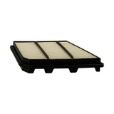 Bottom face of the filter element viewed from low angle showing the underside of the black plastic frame. Four scalloped recesses/feet visible along the bottom flange, consistent with air cleaner housing locating bosses. No markings visible on underside.
