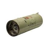 Filter laid on its side, front-facing angle. Fleetguard logo visible. Large cylindrical steel canister with dark stamped base plate visible. Polywrap intact. Label shows scuff and grime consistent with long-term storage.