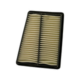 Filter face-up from above, angled view. Cream pleated paper media, central grey rib divider, black plastic frame. Filter element appears clean and undamaged.