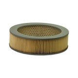 Filter element removed from box, three-quarter top view. Round cylindrical form, pleated tan/cream paper media around circumference, grey/olive rubber end caps top and bottom. Good condition, media undamaged and evenly pleated.