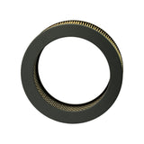 Filter from above, looking down through the open inner bore. Wide flat annular rubber flange/seal visible around the inner opening. Paper pleats visible inside. Small embossed mark on flange at upper left (NFM logo).