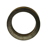 Top-down view of filter showing circular profile, inner bore with metal mesh screen, and outer pleated paper ring; end cap surface oxidation visible around circumference