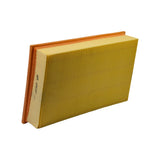 Three-quarter angled view of the filter standing on edge; side label printed with WIX logo, part number WA6297 and barcode is visible on the seal frame