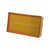 Angled top view showing the clean pleated element, central cross-brace and one-piece orange moulded seal frame