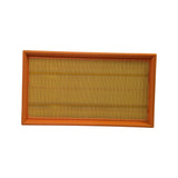 Top view of rectangular panel air filter laid flat, showing orange polyurethane frame surrounding yellow pleated paper media