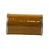 Top-down view of element laid flat, showing upper face of crimp metal end cap and amber pleated paper media, plastic wrap in place