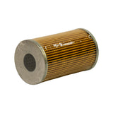 End-on view showing circular metal end cap with central open bore, amber pleated media around perimeter, O-ring and element still wrapped