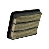Side profile angle showing filter height and step-profile of the black perimeter frame — one edge taller than the opposite, typical of panel filter airbox seating geometry.