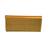 Long edge profile showing depth of pleated paper media and full height of orange urethane end cap seal.