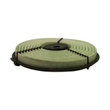 Three-quarter side view showing filter height, green cellulose pleat pack, and black plastic outer rim with stepped profile.