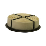 Side profile of filter showing full height and circumference — cream felt outer wrap clean and undamaged, black plastic rib supports run vertically, rubber base seal clearly visible.