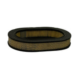Top-down view showing the oval profile of the element and full circumference of the pleated paper media band with cross-hatch wire mesh outer wrap. Small marking visible on inner lip of end cap.