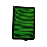 Filter face-on, bottom edge up — reverse orientation showing bottom clip tab and same green pleated element. Frame corner detail shows moulded polyurethane seal.