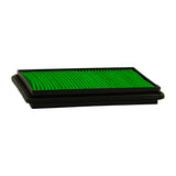 Low-angle side profile showing filter depth (shallow panel), pleat tips visible along top face, and double-step black frame profile forming sealing lip on bottom face.