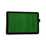 Filter face-on, landscape orientation — full face of green pleated element and black frame. Right-side clip tab visible. No markings or branding visible on filter body itself.