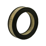 Three-quarter angled view from above showing top cap and partial outer side wall; pleated paper media visible between black rubber seals, wire mesh inner support faintly visible, no stampings or labels on rubber