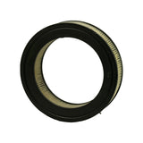 Side profile view, filter held at slight angle; full height of element visible, pleated media wraps the full circumference between top and bottom black rubber end caps, condition appears clean and unused