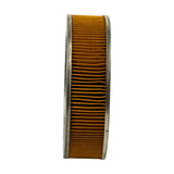 Side-on profile view showing full height of cylindrical element. Some mild waviness/distortion in lower pleats visible, consistent with age. Metal end cap edges show light surface oxidation.