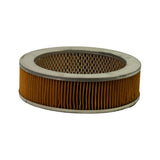 Top-down angled view showing inner metal mesh support, pleated amber paper element and upper end cap. Flange profile visible — inner bore is open, no gasket or seal fitted.