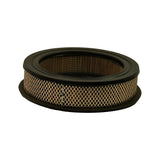 Low-angle 3/4 view showing element sitting flat, outer diameter with white-painted expanded metal mesh around full circumference, paper media visible beneath mesh, black rubber end caps top and bottom