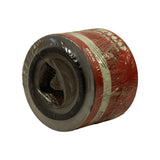 Three-quarter view of filter on its side showing cylindrical form. One open end facing camera reveals pleated paper element and wire mesh inner core. Red Ryco branding visible on side. A1412 partial text visible on label band at bottom.