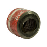 Bottom end of filter facing camera showing inner bore with wire mesh screen clearly visible inside the rubber-gasketed inner sealing ring. Red Ryco packaging intact with barcode label on upper portion. Metal outer end cap with rubber gasket seating surface.