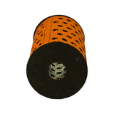 Bottom-end view showing black felt end cap and visible internal perforated steel core through the central bore. Orange perforated outer wrap visible in background.