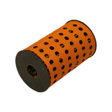 Three-quarter angle view, element on its side. Seam of orange perforated wrap visible running longitudinally. Black end caps at each end. Internal paper/fibre media visible through perforations.