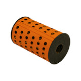 Three-quarter angle from opposite end. Central bore visible at nearer end. Full length of orange perforated outer wrap and both black end caps shown. No markings or labels anywhere on element.