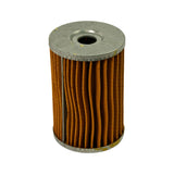 Filter element front 3/4 view showing full height; orange pleated paper media visible around circumference, silver-grey metal end caps top and bottom, central bore visible from top; minor yellow-green age spots on top cap