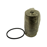 Second upright angle showing top of filter element; threaded or flanged upper fitting partially visible through poly wrap; O-ring beside unit