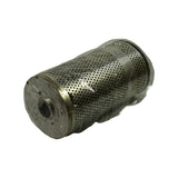 Filter laid horizontal showing full length of perforated outer tube through clear poly bag; open inner bore visible at one end