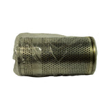 Filter laid horizontal showing opposite side of perforated outer tube with crimped end cap visible at right; large O-ring groove on end cap visible