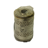 Opposite side of filter element in poly wrap. Perforated canister body visible, wrap partially concealing stampings. Some surface grime/age marks through the plastic. Rubber O-ring prominent at base.